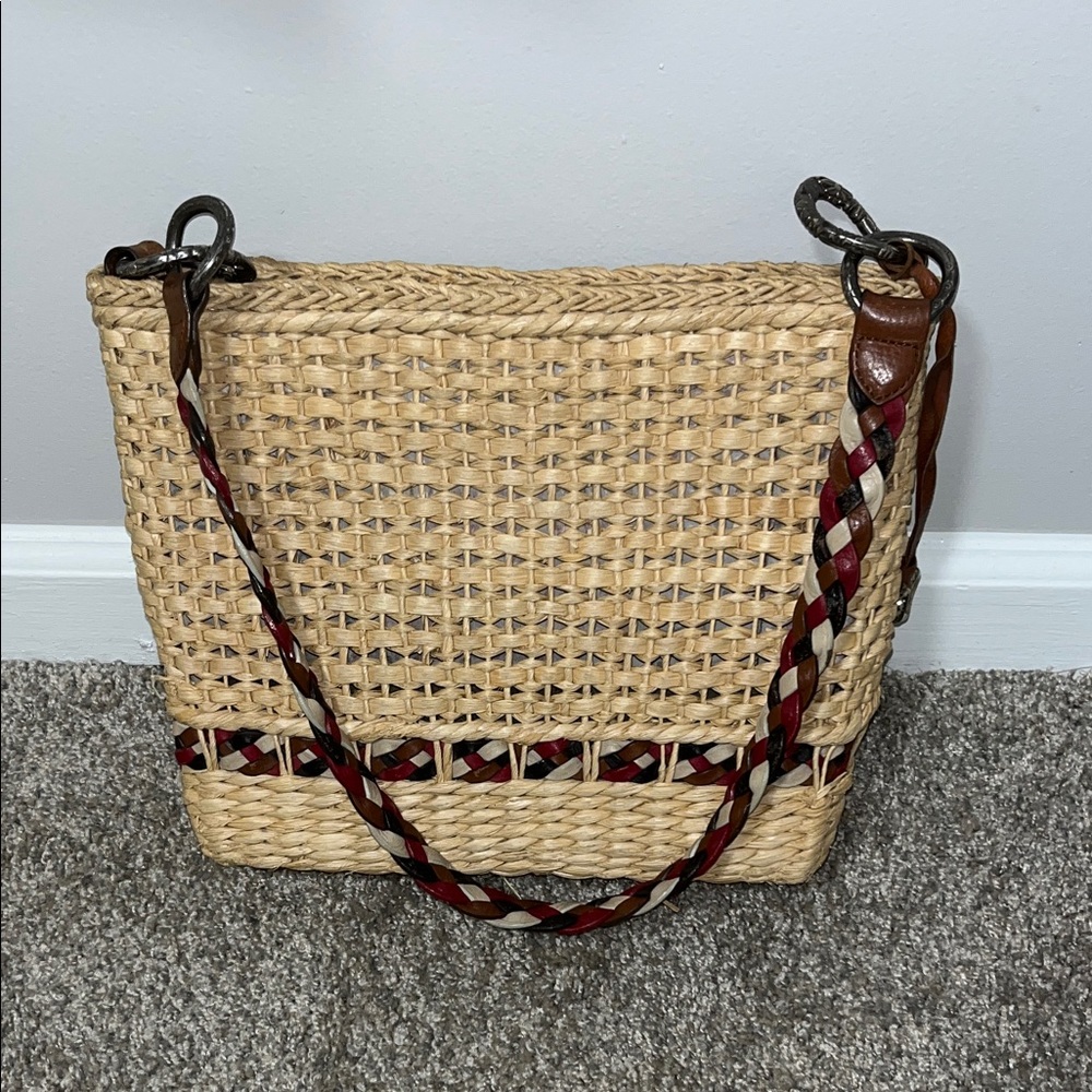Brighton Woven Straw Shoulder Bag with Brown and Red Accents